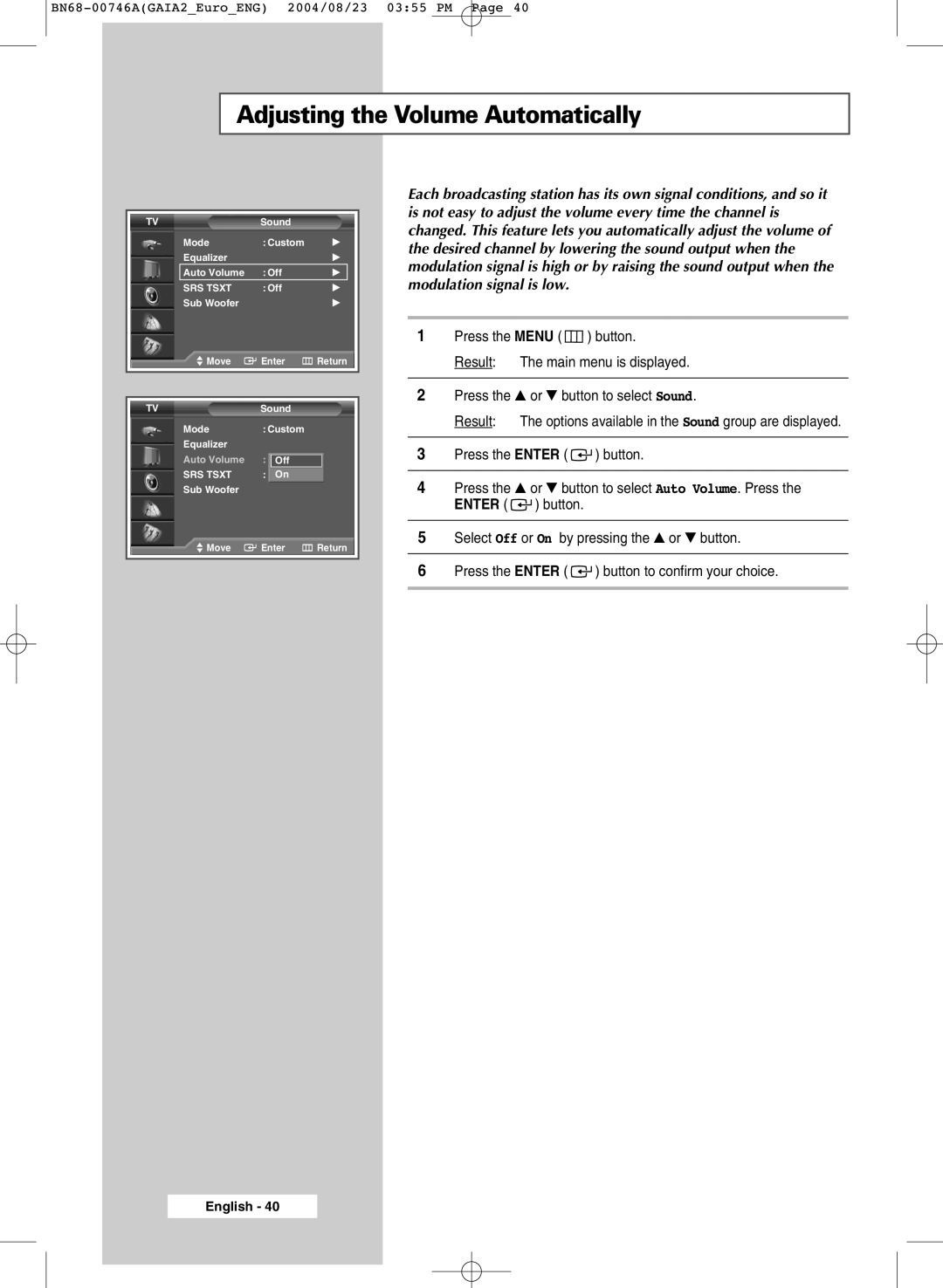 Samsung LW46G15W manual Adjusting the Volume Automatically 