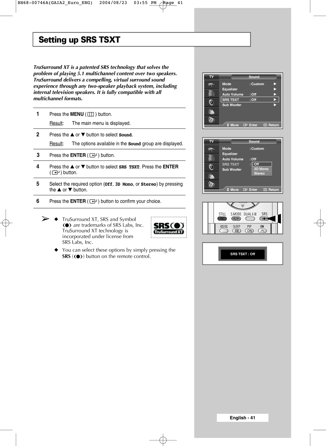 Samsung LW46G15W manual Setting up SRS Tsxt 