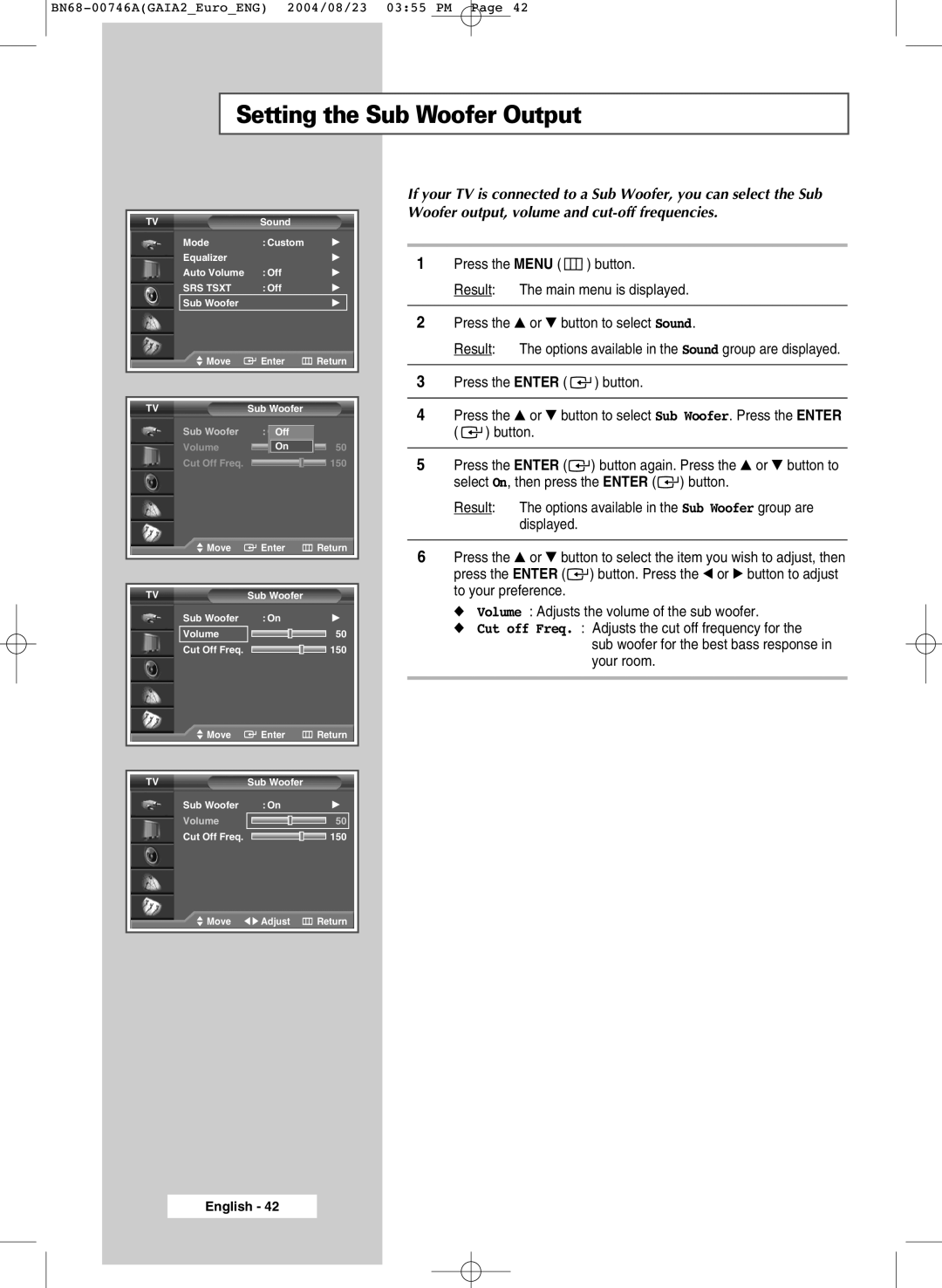 Samsung LW46G15W manual Setting the Sub Woofer Output 