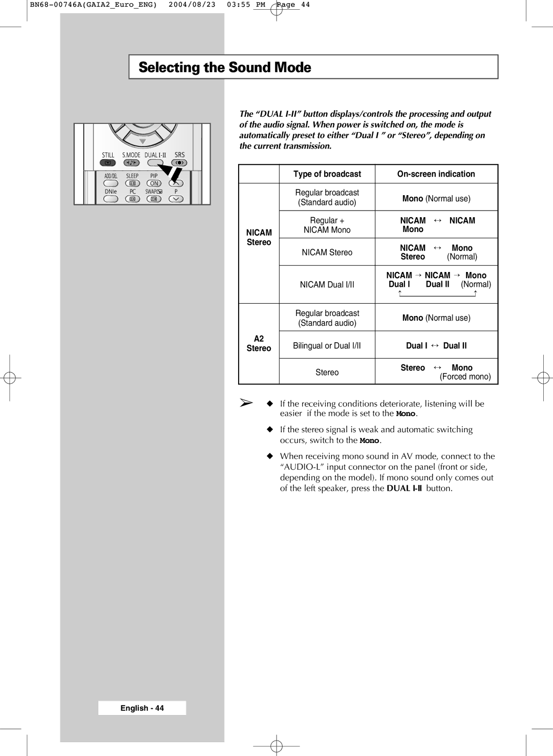 Samsung LW46G15W manual Selecting the Sound Mode 