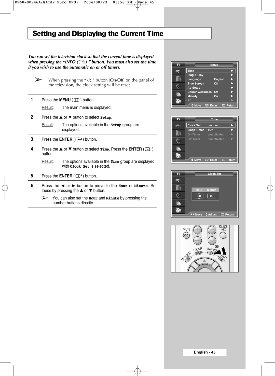 Samsung LW46G15W manual Setting and Displaying the Current Time 