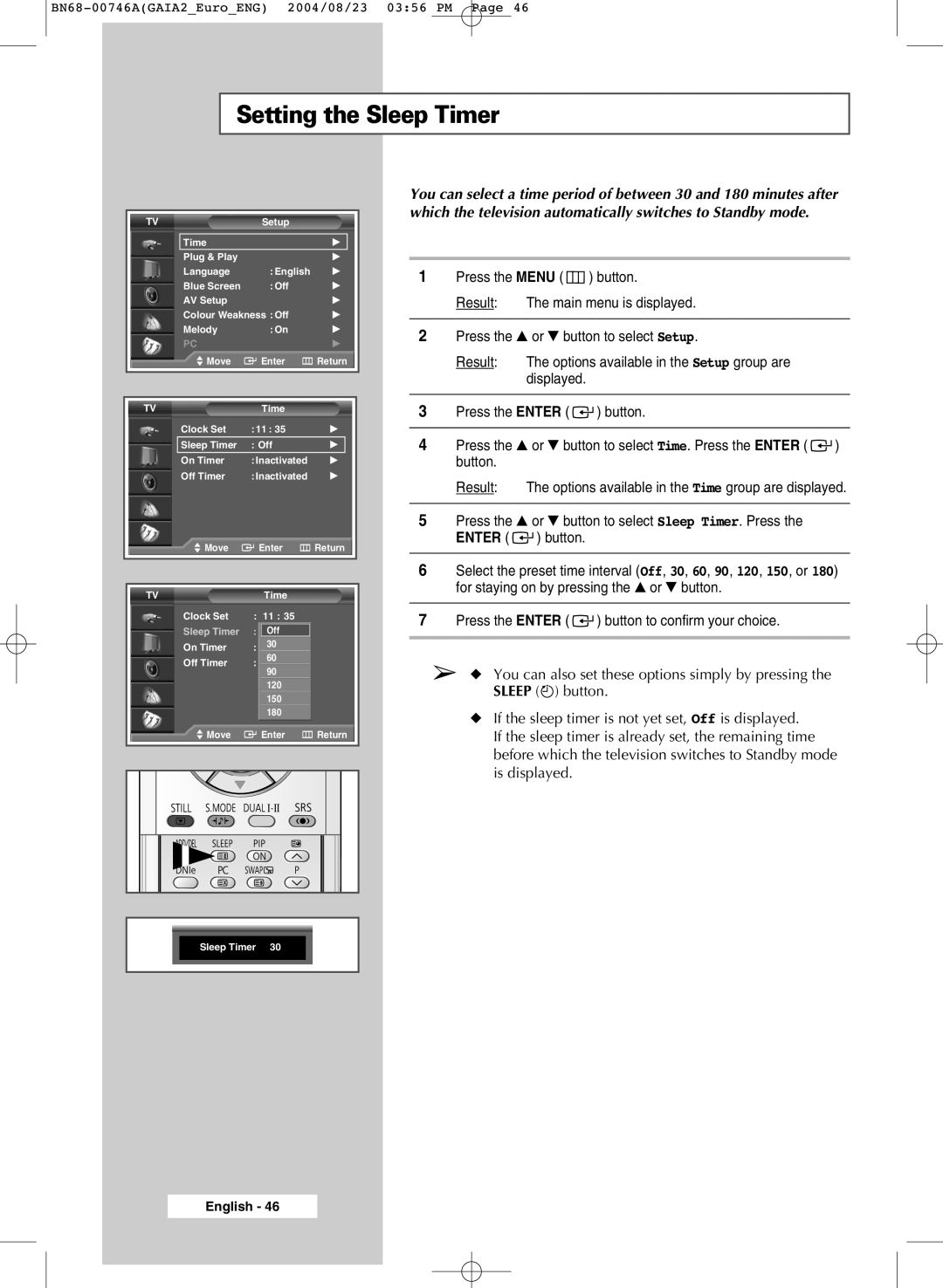 Samsung LW46G15W manual Setting the Sleep Timer 