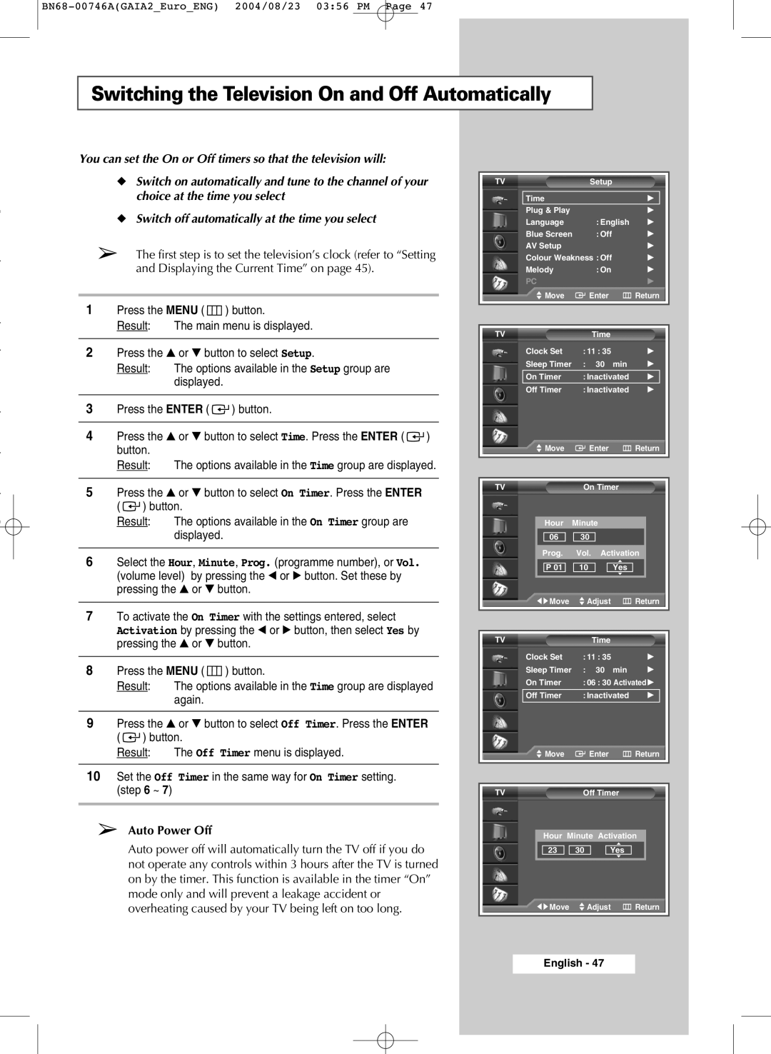 Samsung LW46G15W manual Switching the Television On and Off Automatically, Auto Power Off 