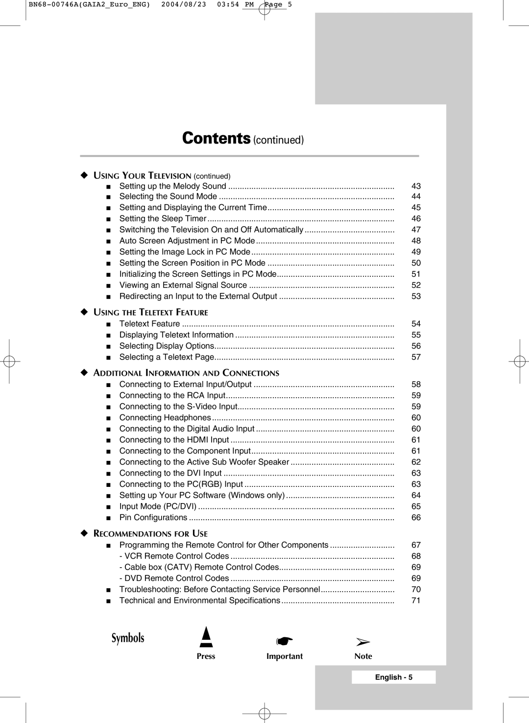 Samsung LW46G15W manual Symbols 