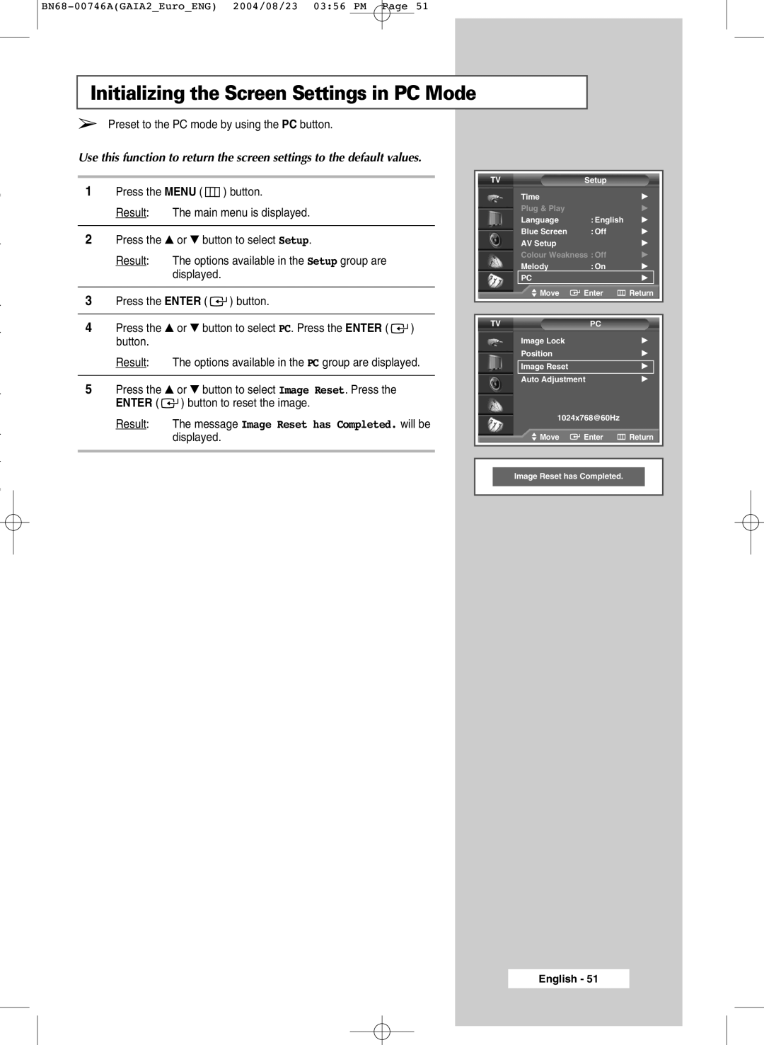 Samsung LW46G15W manual Initializing the Screen Settings in PC Mode 