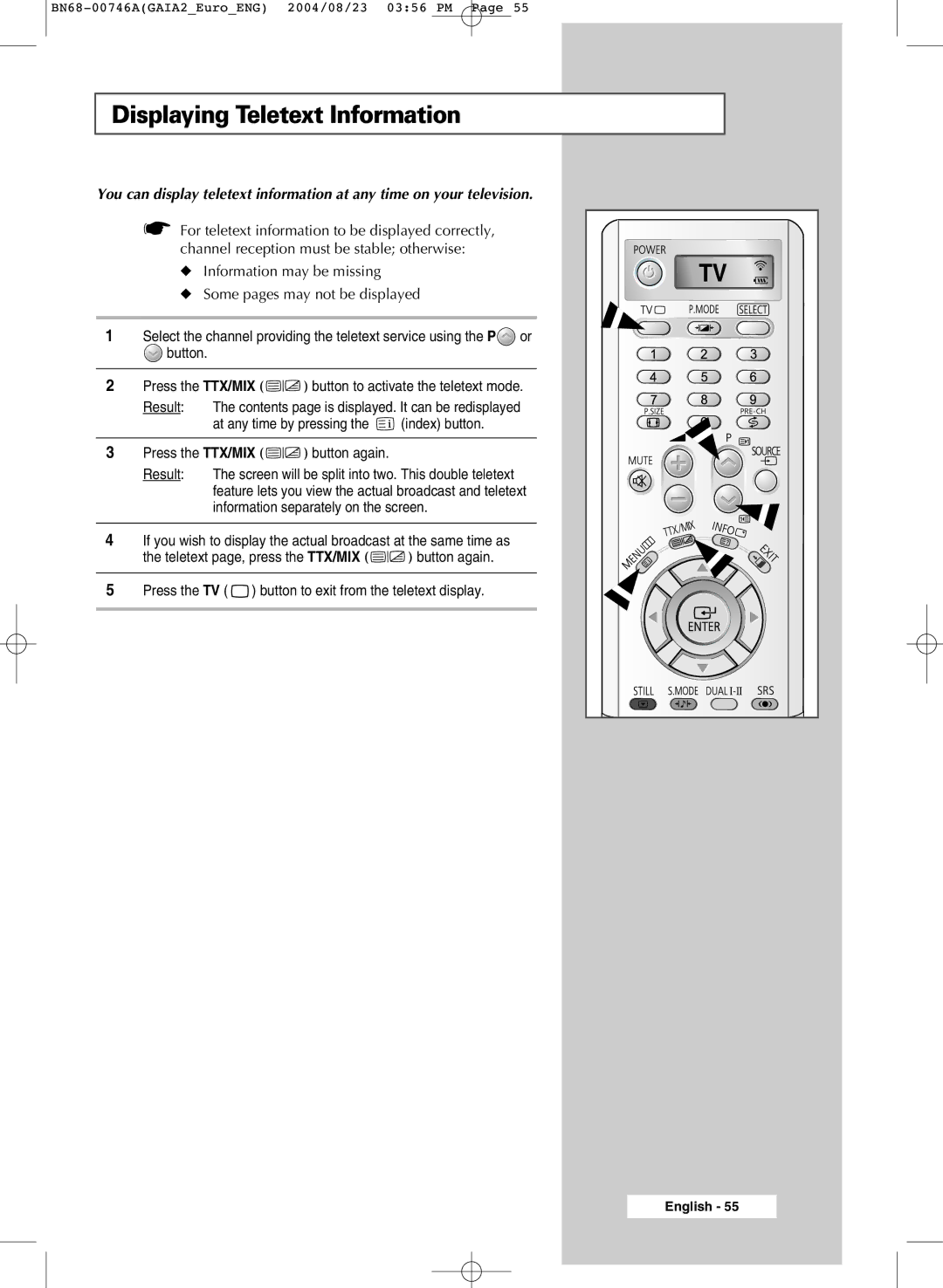 Samsung LW46G15W manual Displaying Teletext Information 