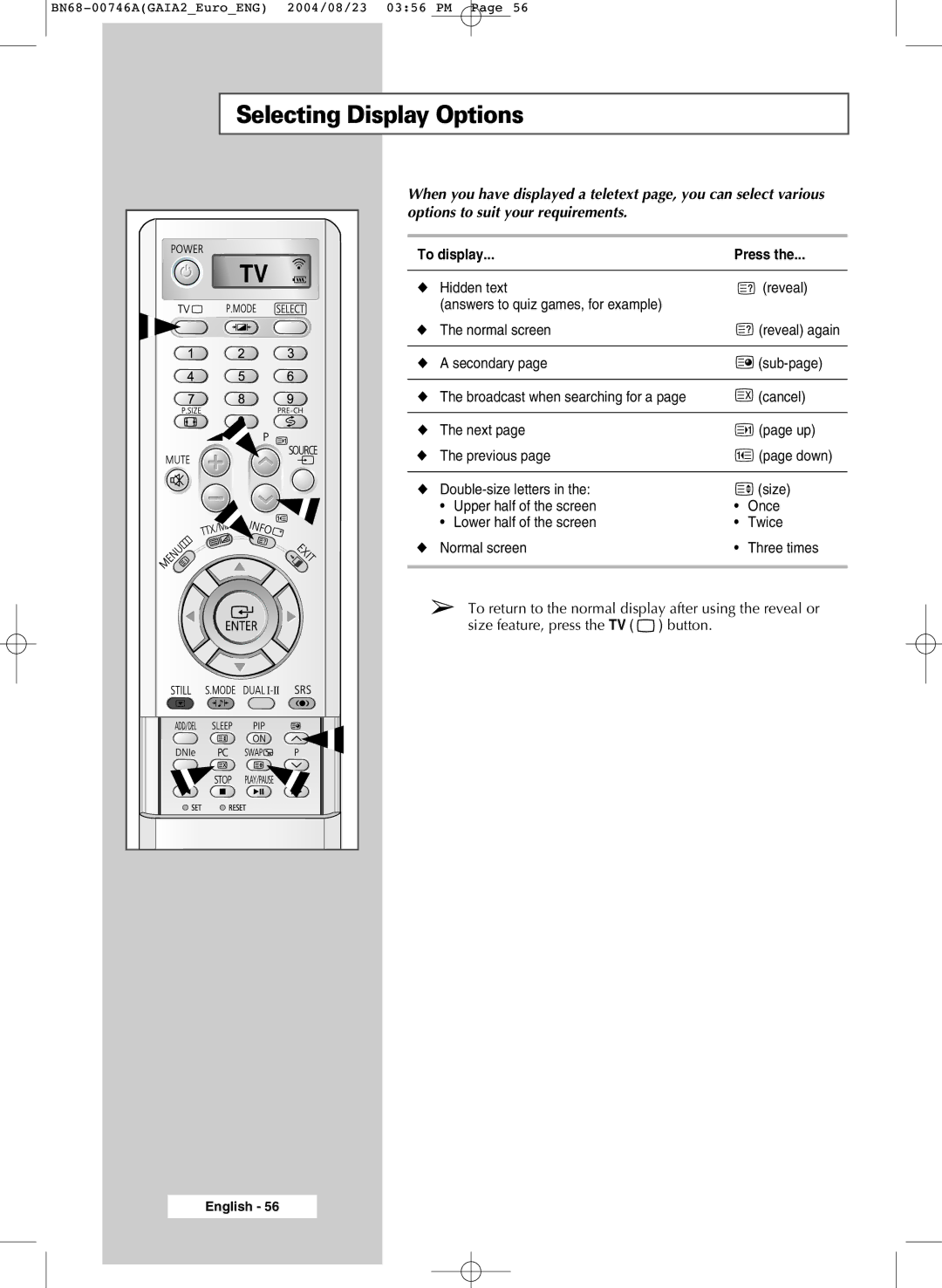 Samsung LW46G15W manual Selecting Display Options, To display Press 