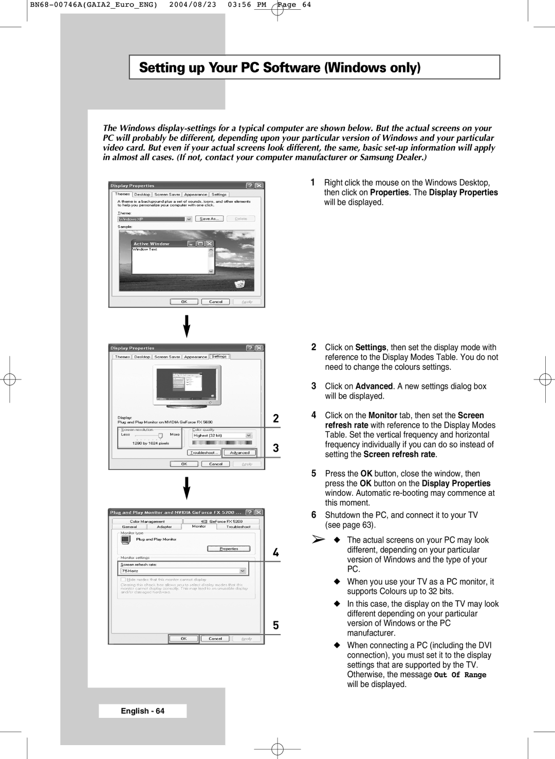 Samsung LW46G15W manual Setting up Your PC Software Windows only 