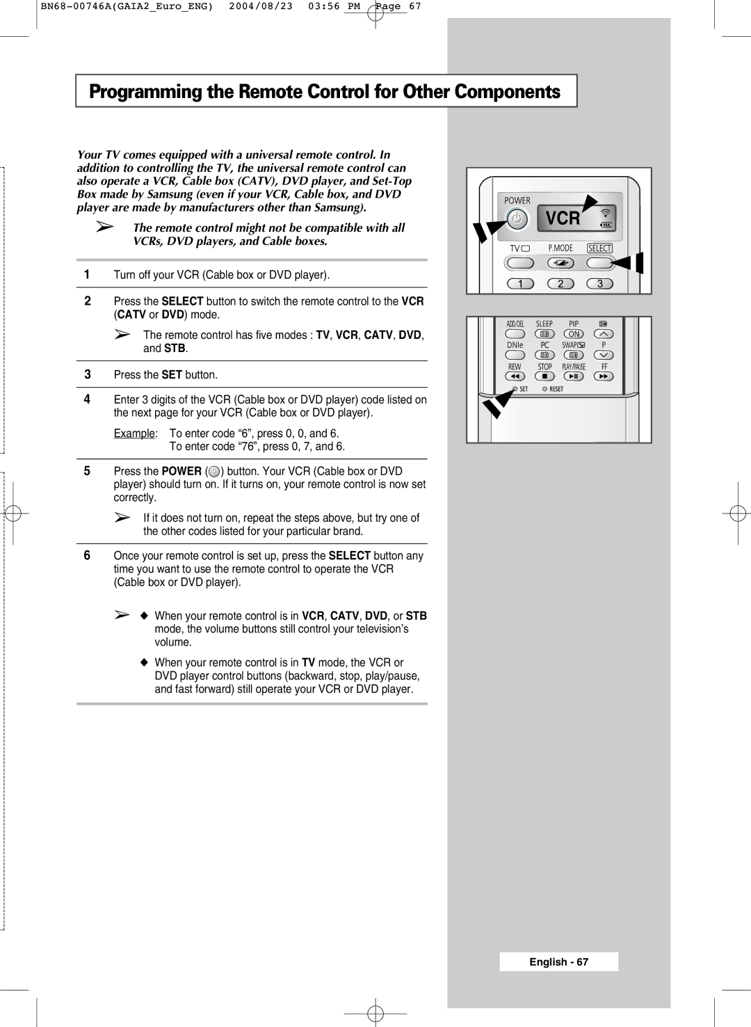 Samsung LW46G15W manual Programming the Remote Control for Other Components 