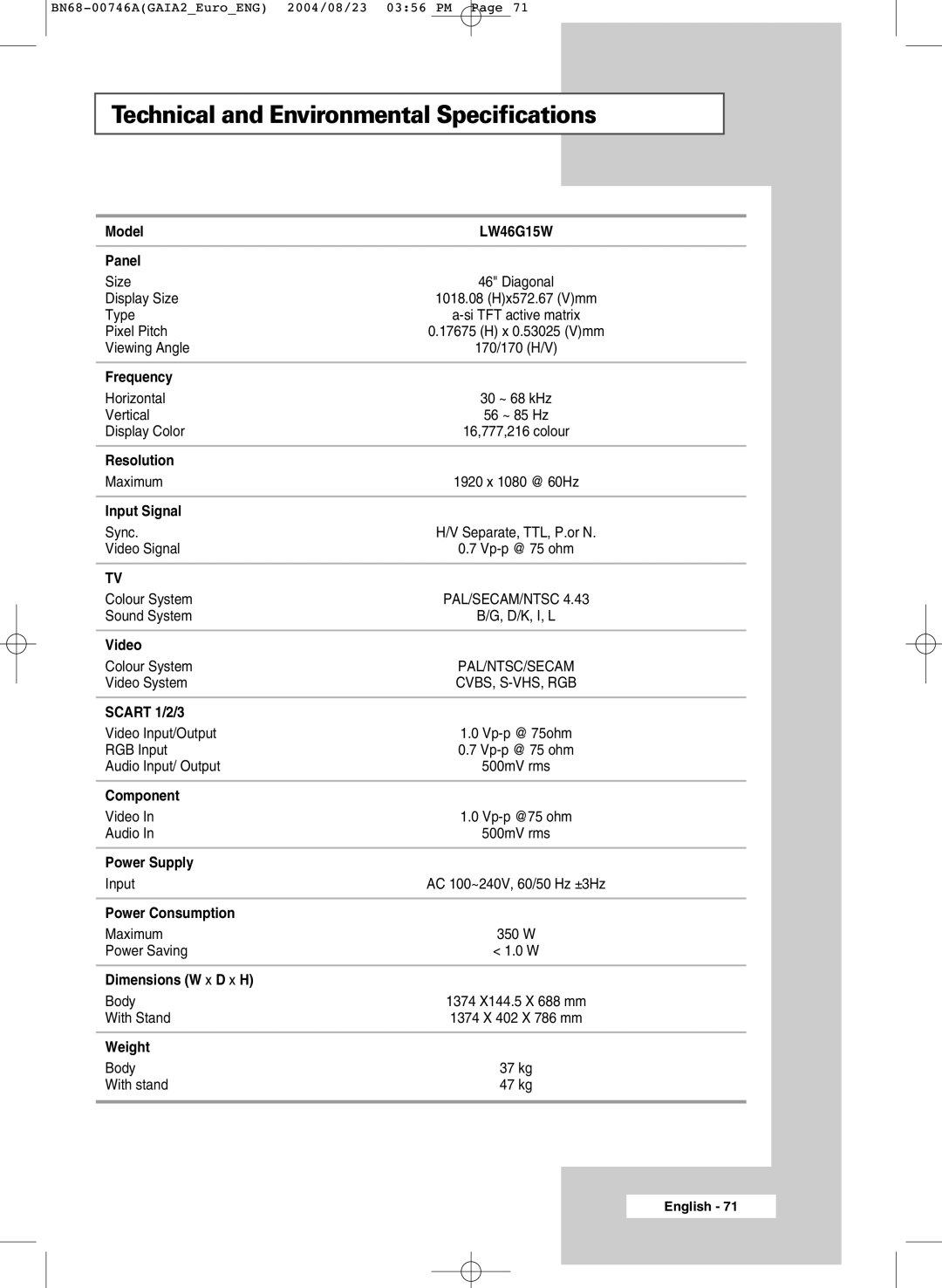 Samsung LW46G15W manual Technical and Environmental Specifications 