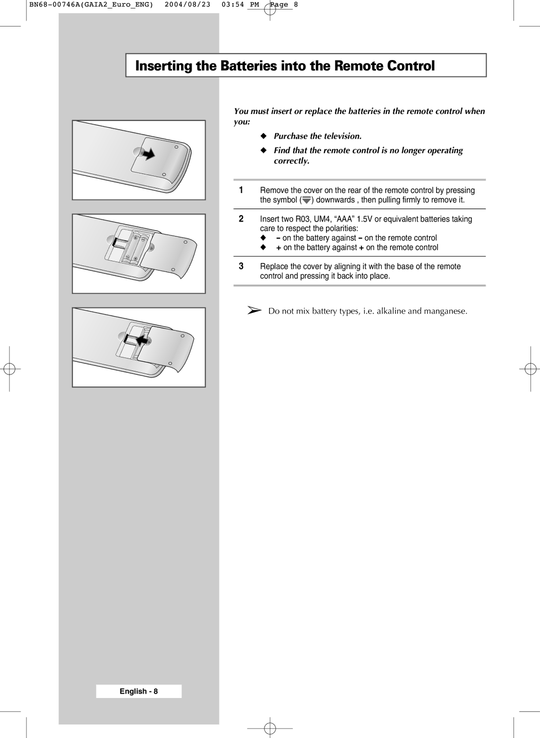 Samsung LW46G15W manual Inserting the Batteries into the Remote Control 