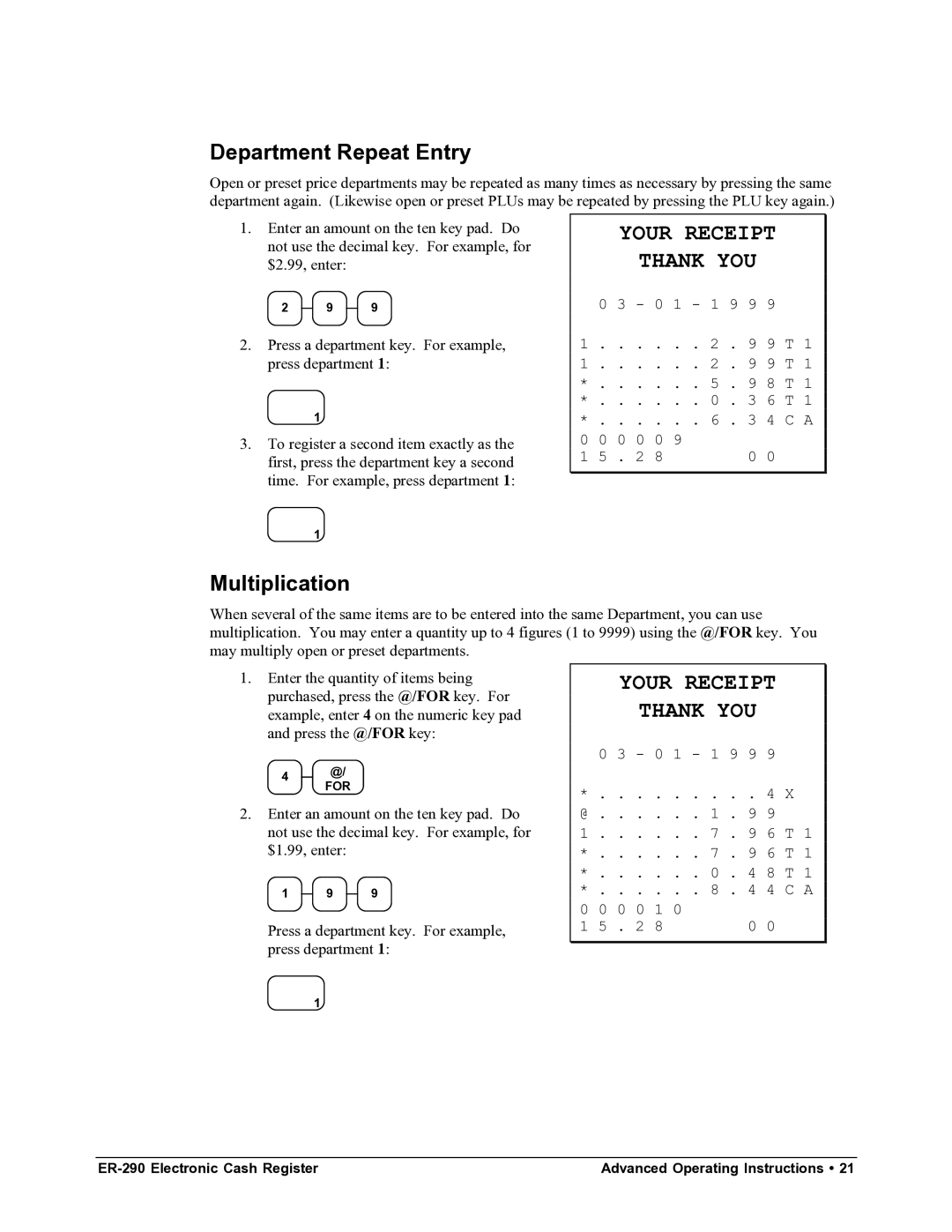 Samsung M-ER290 specifications Department Repeat Entry, Multiplication 