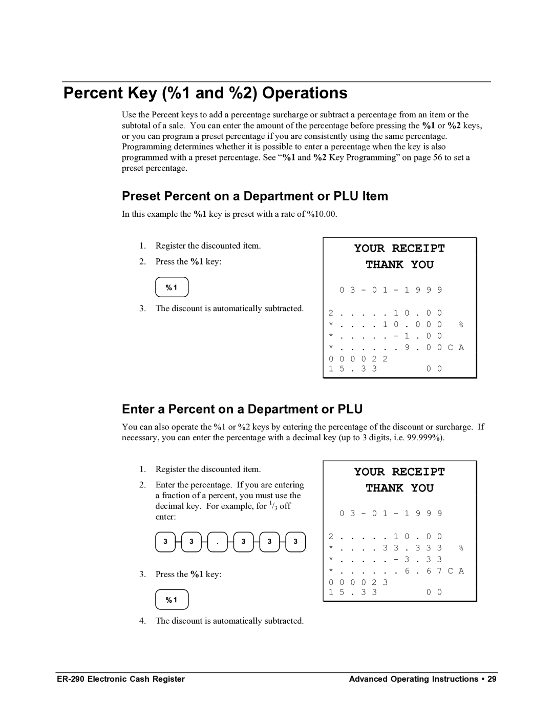 Samsung M-ER290 specifications Percent Key %1 and %2 Operations, Preset Percent on a Department or PLU Item 