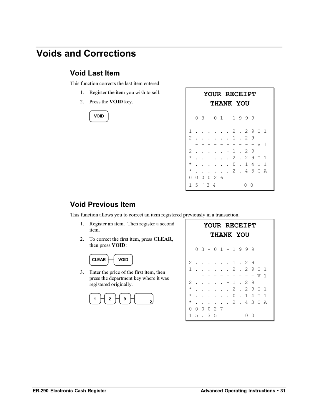 Samsung M-ER290 specifications Voids and Corrections, Void Last Item, Void Previous Item 