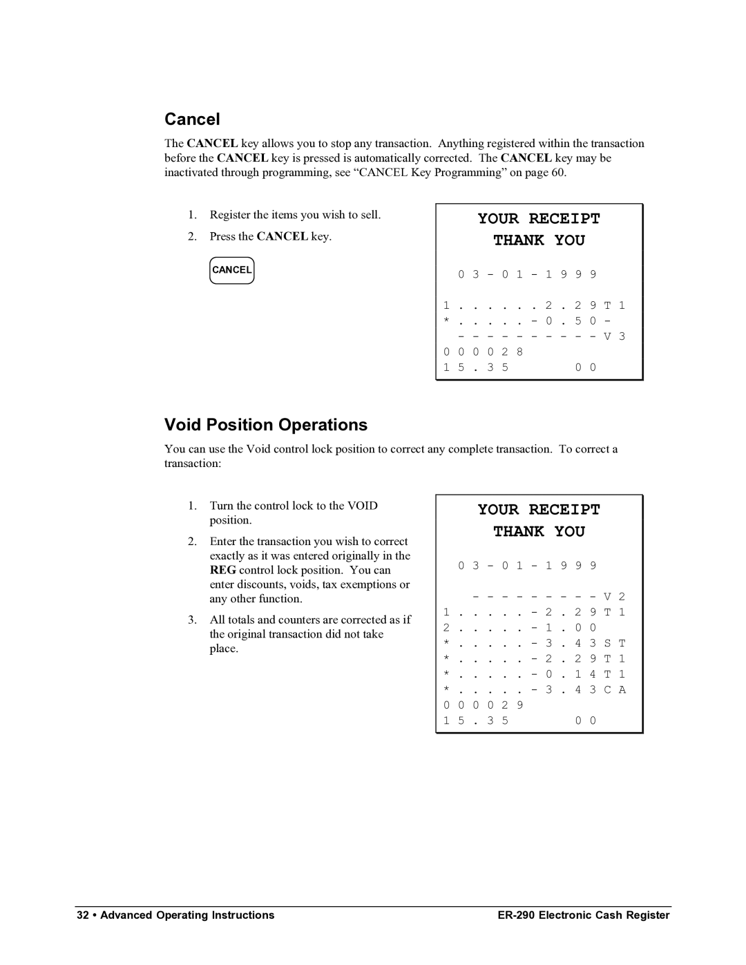 Samsung M-ER290 specifications Cancel, Void Position Operations 