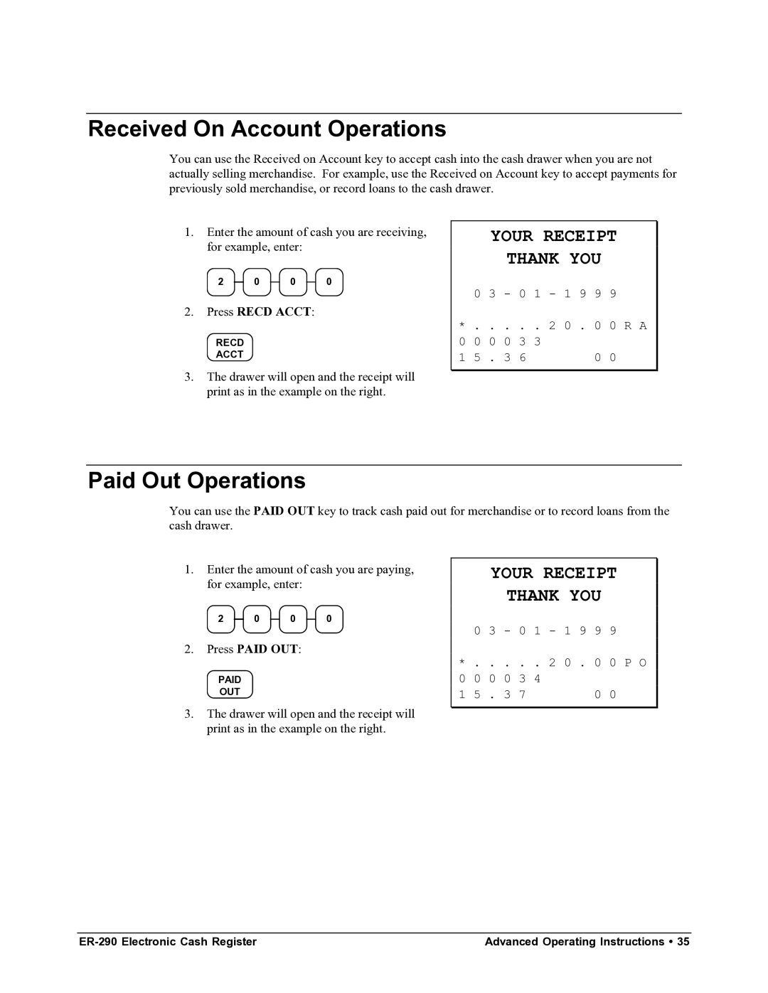 Samsung M-ER290 specifications Received On Account Operations, Paid Out Operations 