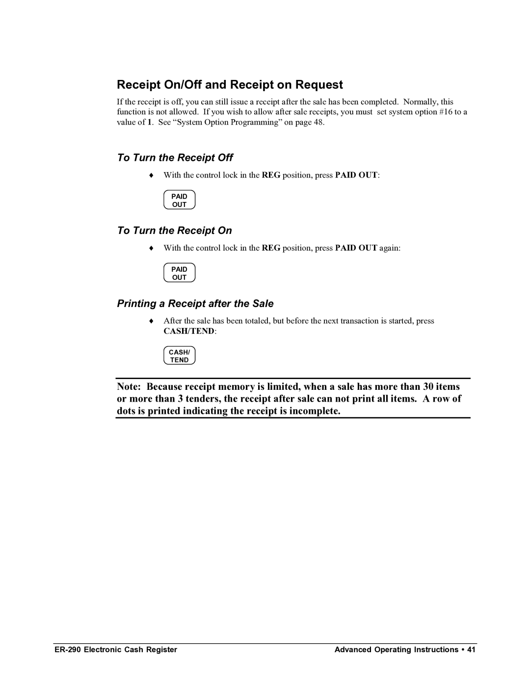 Samsung M-ER290 specifications Receipt On/Off and Receipt on Request, To Turn the Receipt Off, To Turn the Receipt On 