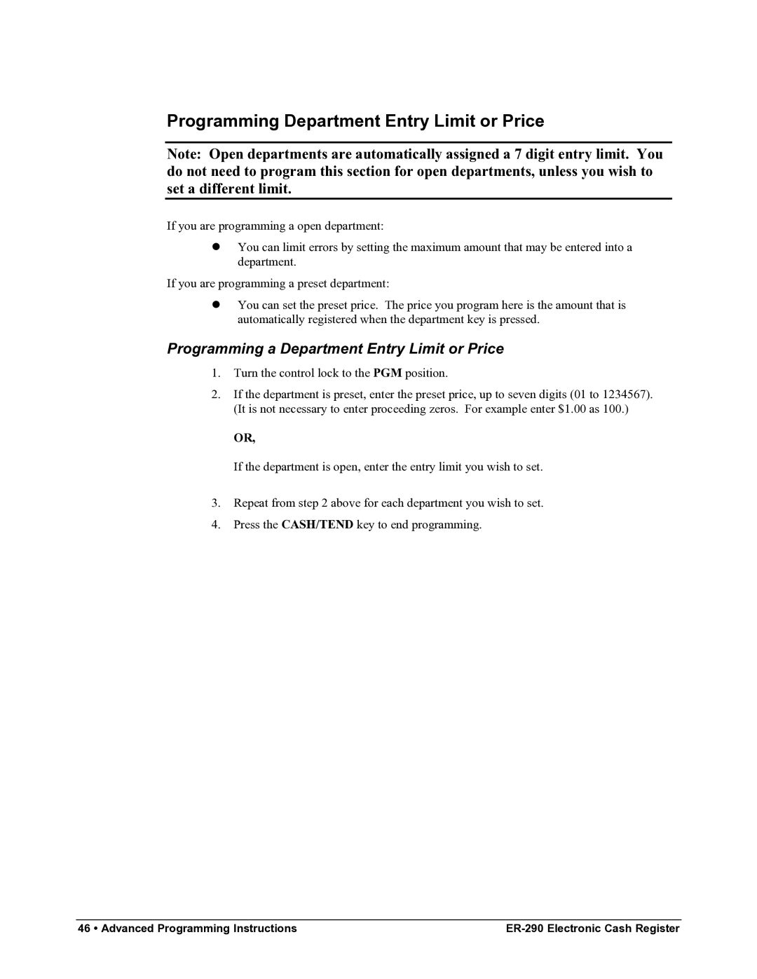 Samsung M-ER290 specifications Programming Department Entry Limit or Price, Programming a Department Entry Limit or Price 