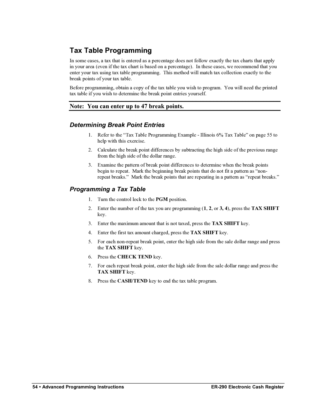 Samsung M-ER290 specifications Tax Table Programming, Determining Break Point Entries, Programming a Tax Table 