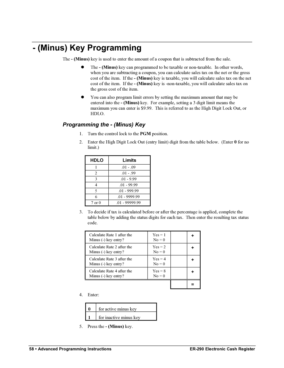 Samsung M-ER290 specifications Minus Key Programming, Programming the Minus Key 