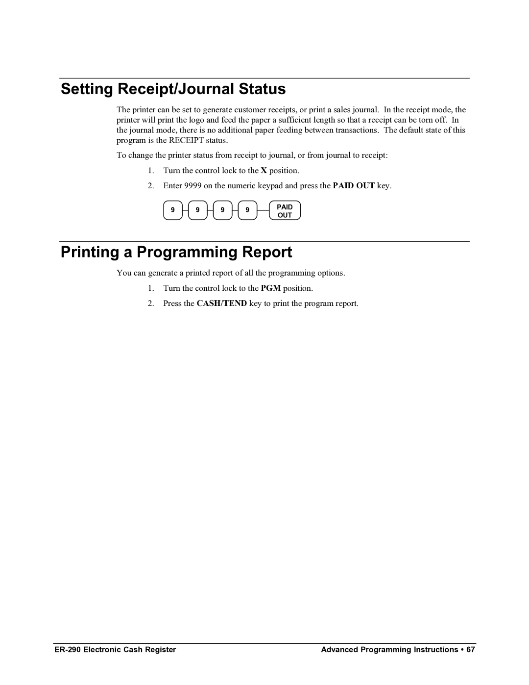 Samsung M-ER290 specifications Setting Receipt/Journal Status, Printing a Programming Report 