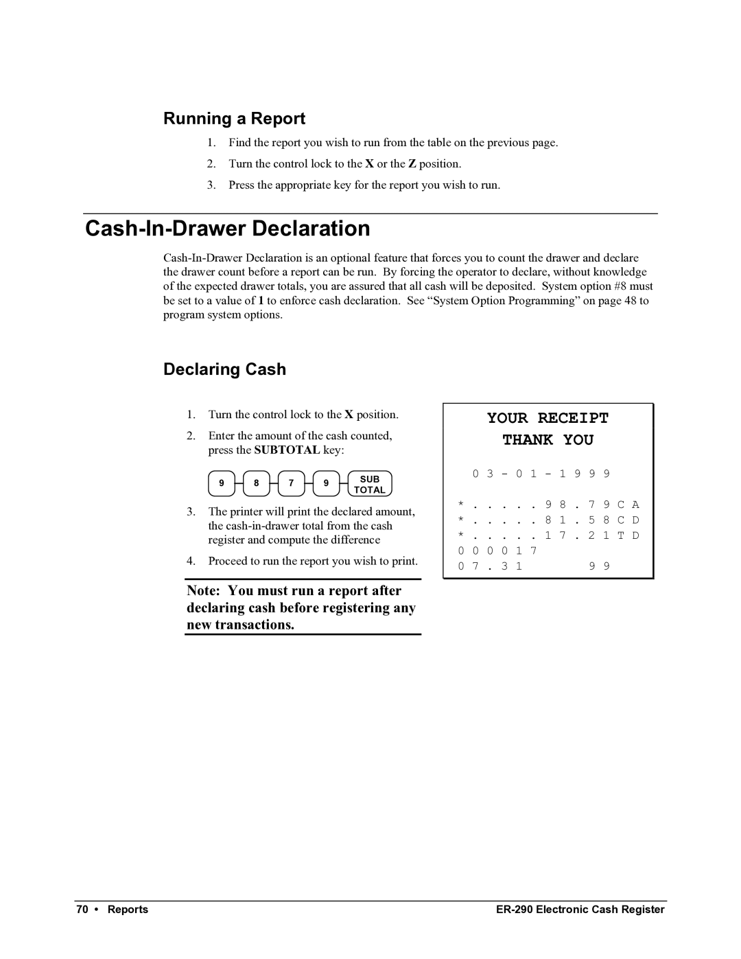 Samsung M-ER290 specifications Cash-In-Drawer Declaration, Running a Report, Declaring Cash 