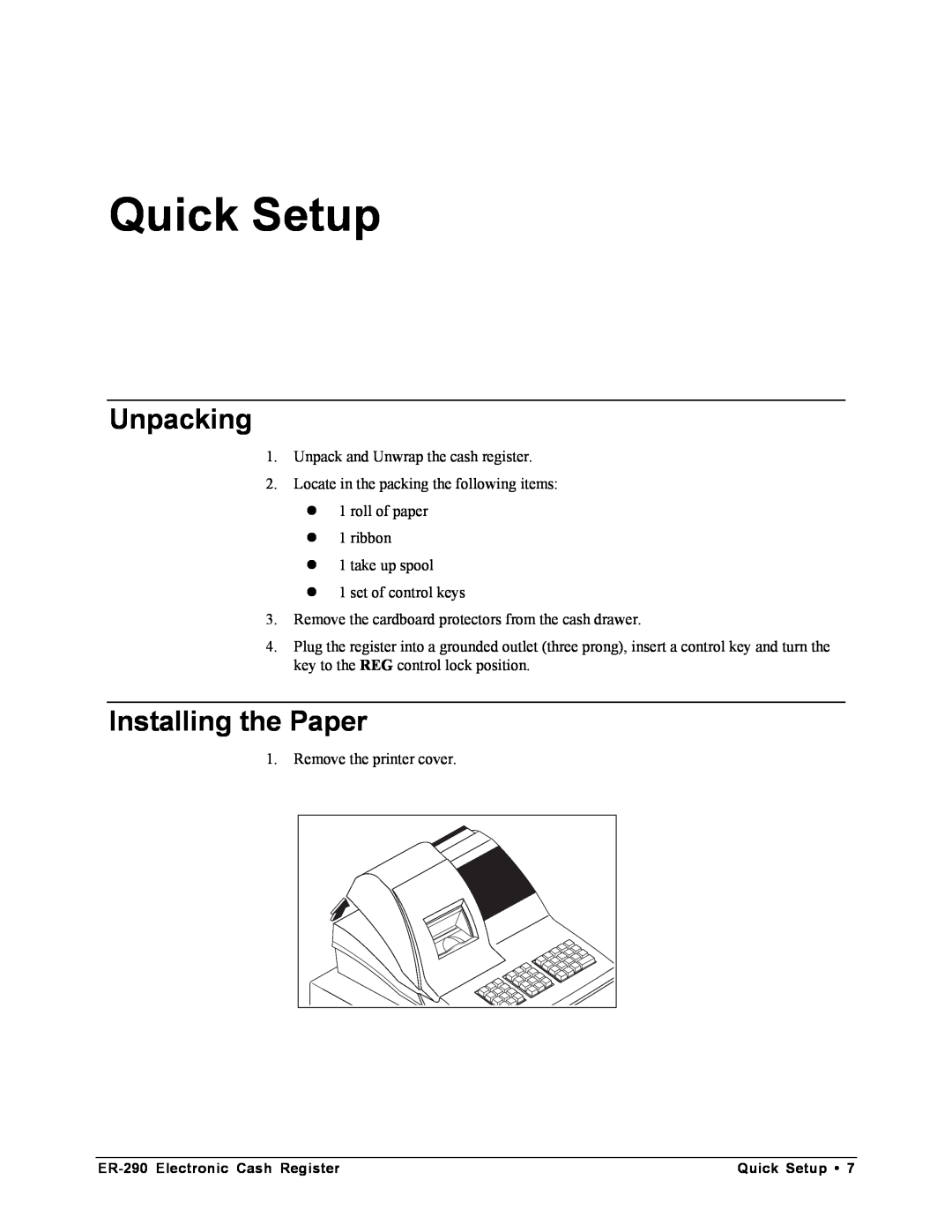 Samsung M-ER290 specifications Quick Setup, Unpacking, Installing the Paper 