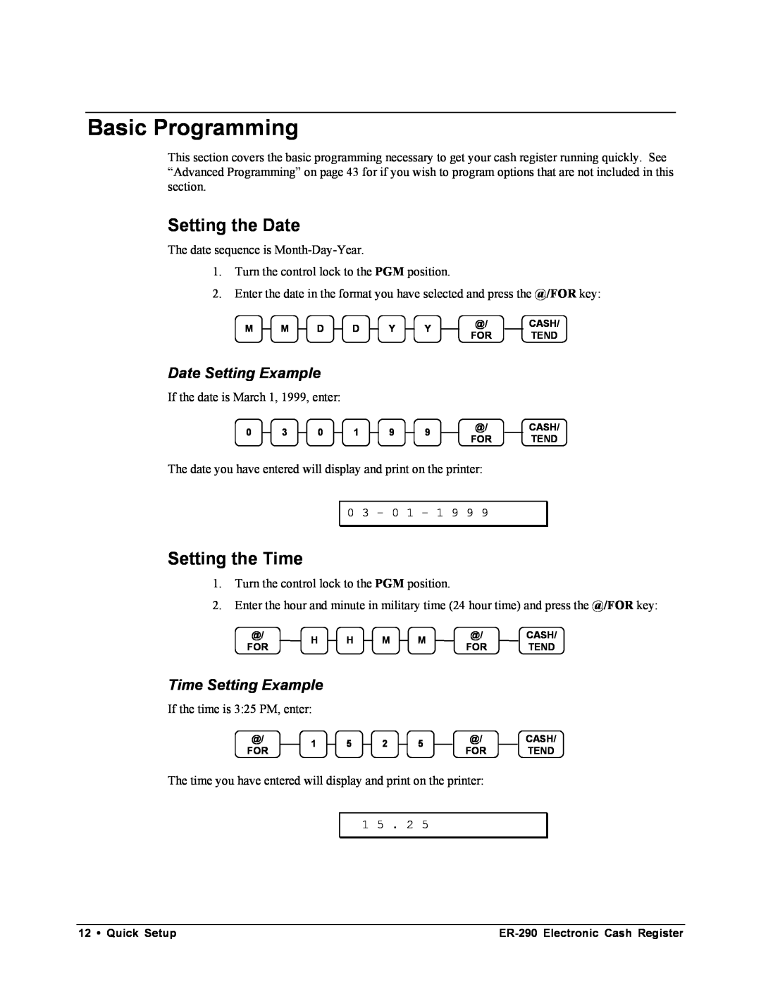 Samsung M-ER290 Basic Programming, Setting the Date, Setting the Time, Date Setting Example, Time Setting Example 