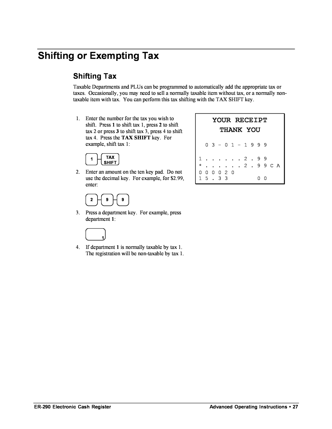 Samsung M-ER290 specifications Shifting or Exempting Tax, Shifting Tax, Your Receipt Thank You 