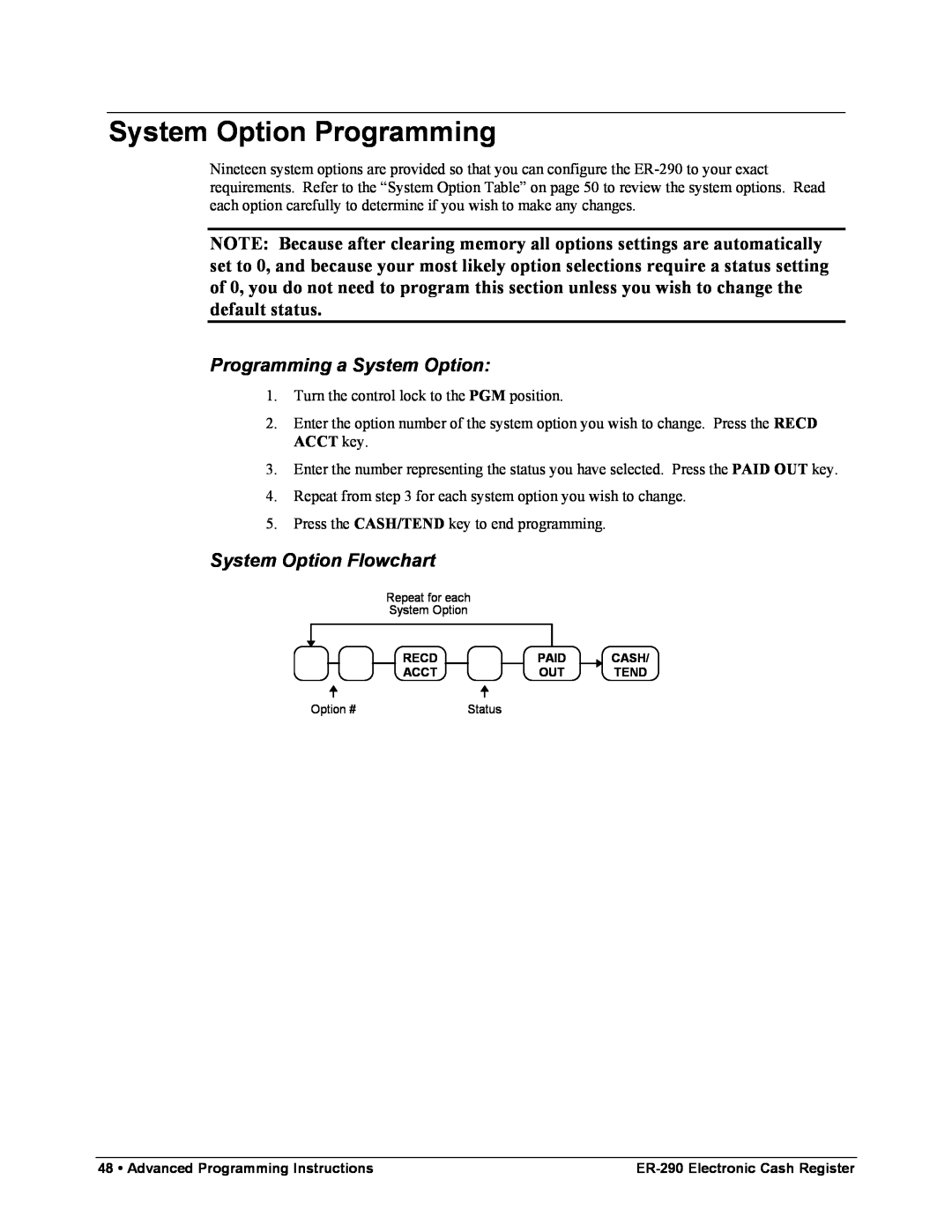 Samsung M-ER290 specifications System Option Programming, Programming a System Option, System Option Flowchart 
