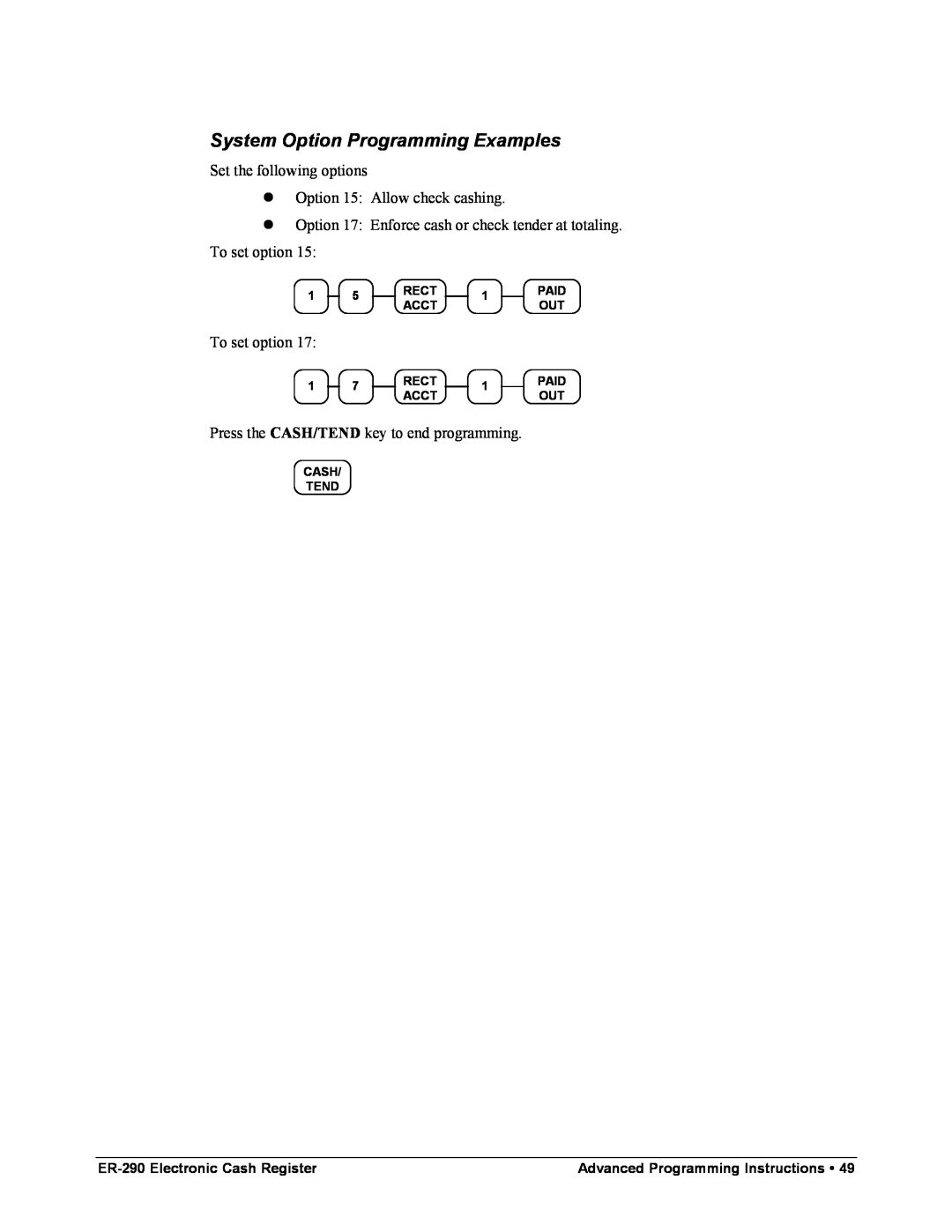 Samsung M-ER290 System Option Programming Examples, ER-290 Electronic Cash Register, Advanced Programming Instructions 
