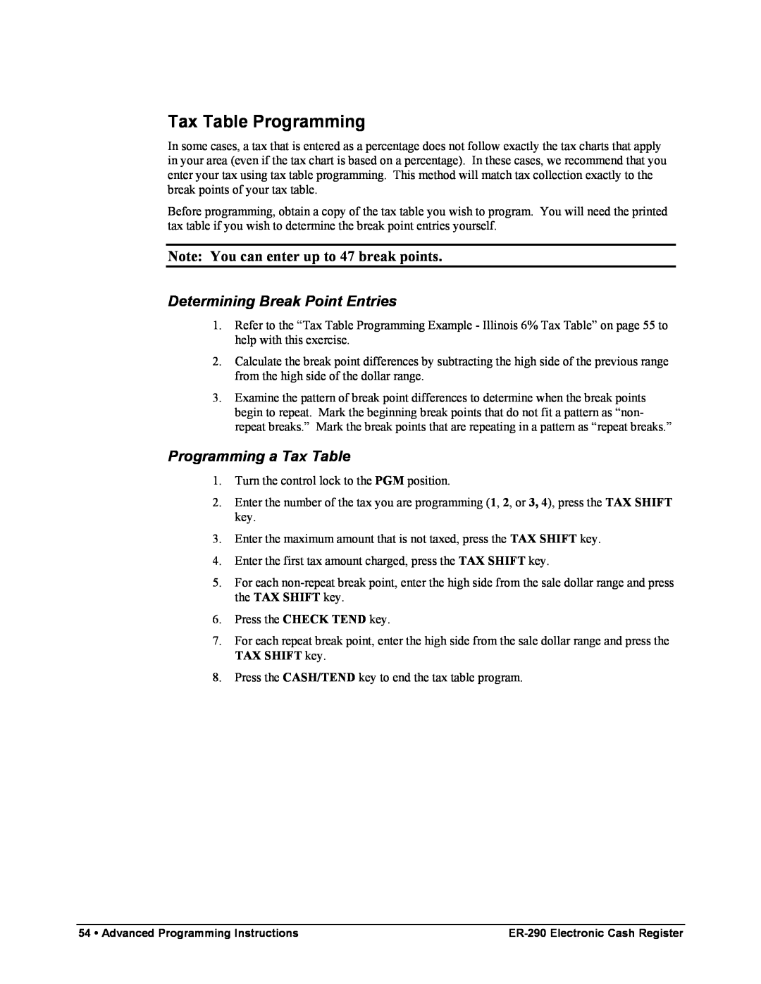 Samsung M-ER290 Tax Table Programming, Note You can enter up to 47 break points, Determining Break Point Entries 