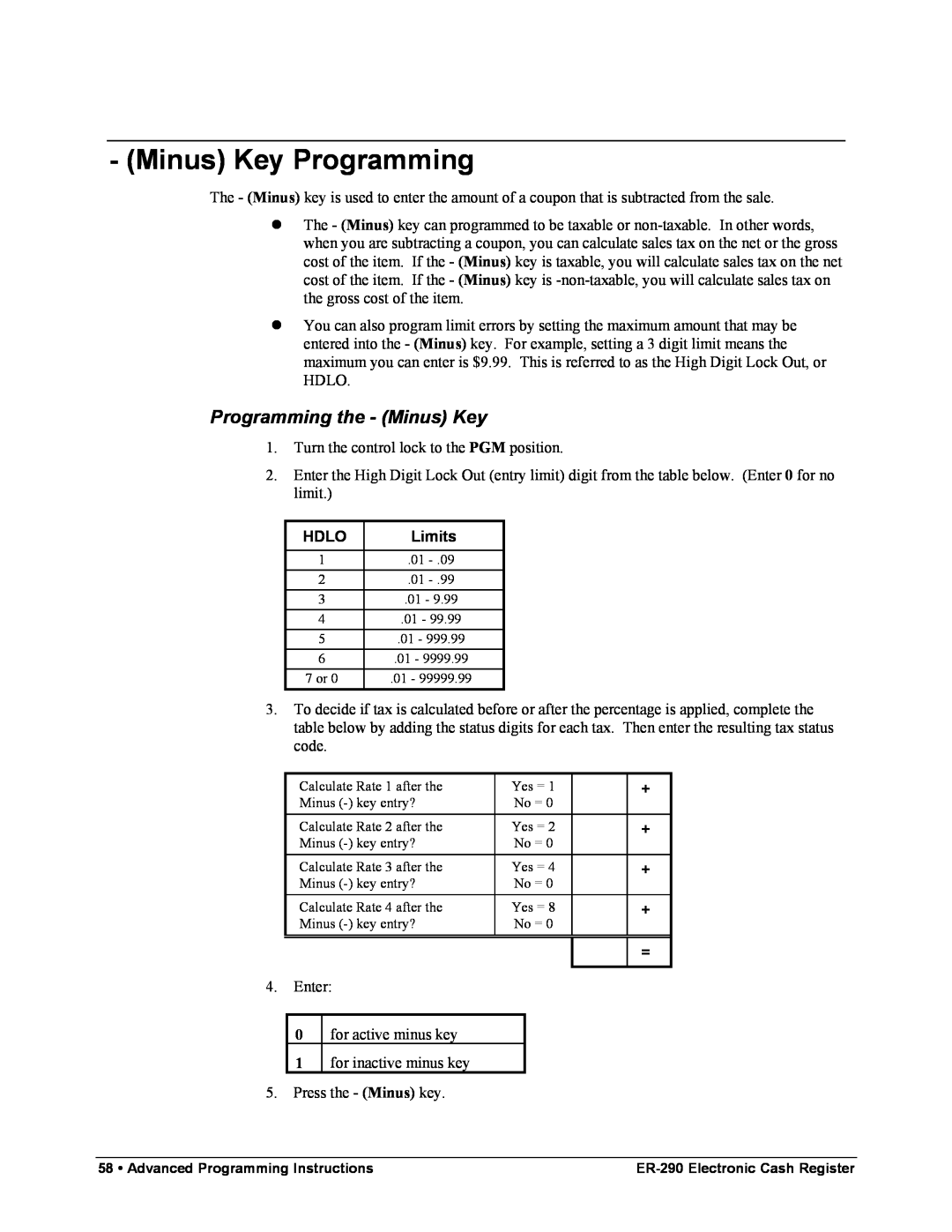 Samsung M-ER290 specifications Minus Key Programming, Programming the - Minus Key, Hdlo, Limits 