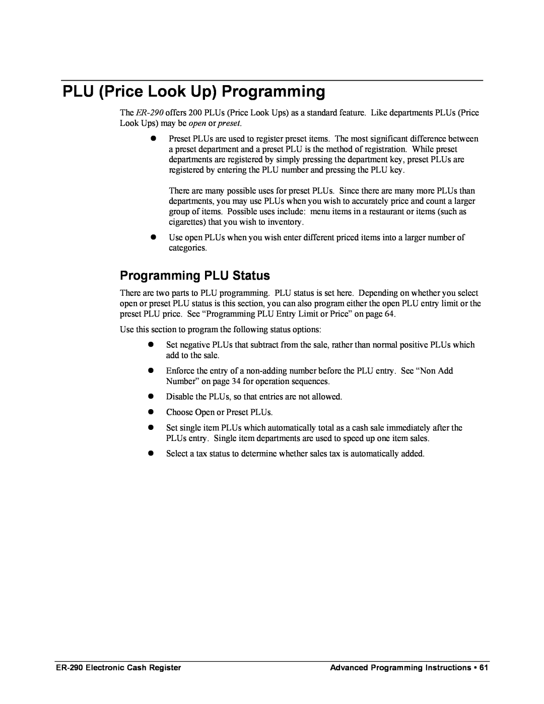 Samsung M-ER290 specifications PLU Price Look Up Programming, Programming PLU Status 