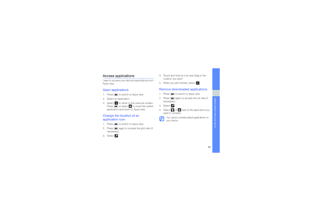 Samsung M1 user manual Access applications, Open applications, Change the location of an application icon 