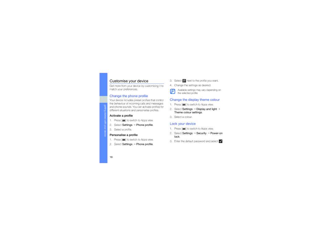 Samsung M1 user manual Customise your device, Change the phone profile, Change the display theme colour, Lock your device 