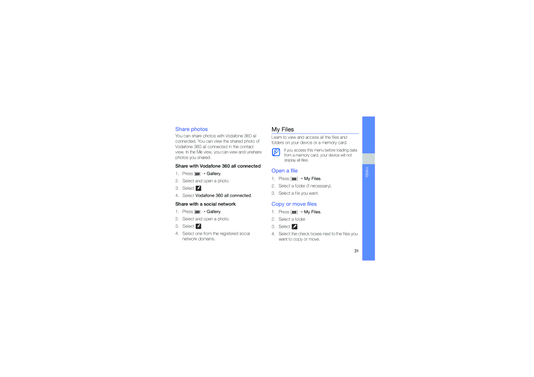 Samsung M1 user manual My Files, Share photos, Open a file, Copy or move files 