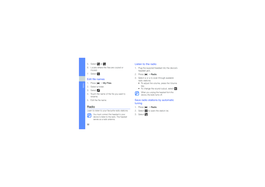 Samsung M1 user manual Radio, Edit file names, Listen to the radio, Save radio stations by automatic tuning 