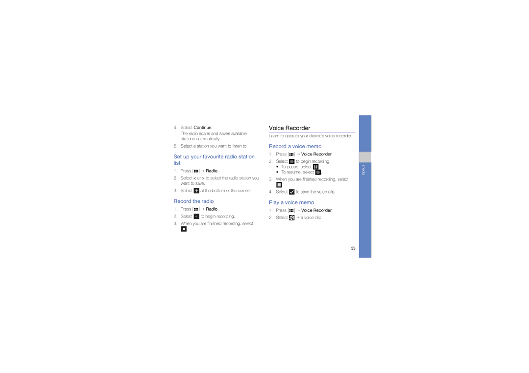 Samsung M1 user manual Voice Recorder, Set up your favourite radio station list, Record the radio, Record a voice memo 