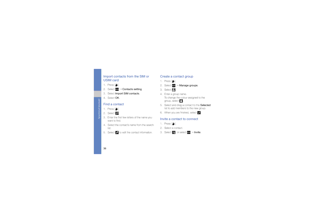 Samsung M1 Import contacts from the SIM or Usim card, Find a contact, Create a contact group, Invite a contact to connect 