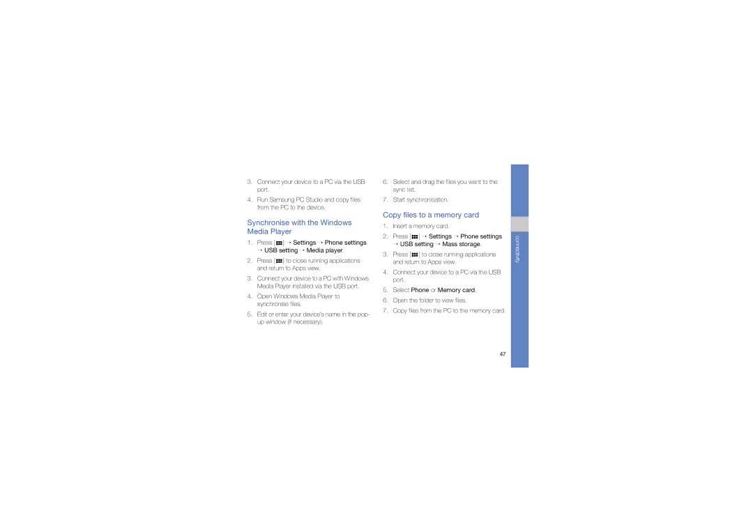 Samsung M1 user manual Synchronise with the Windows Media Player, Copy files to a memory card, Insert a memory card 