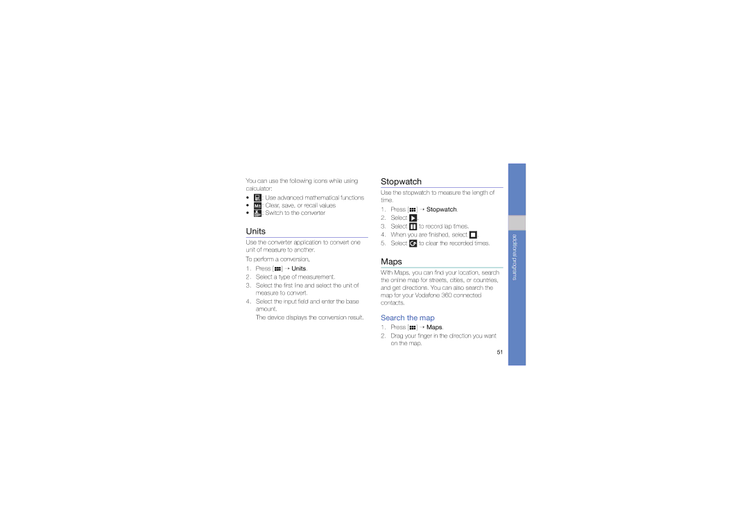 Samsung M1 user manual Units, Stopwatch, Maps, Search the map 