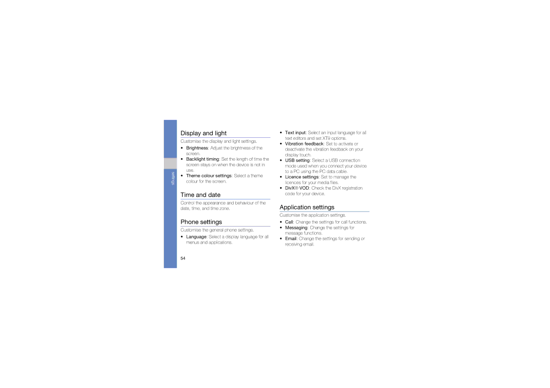 Samsung M1 user manual Display and light, Time and date, Phone settings, Application settings 