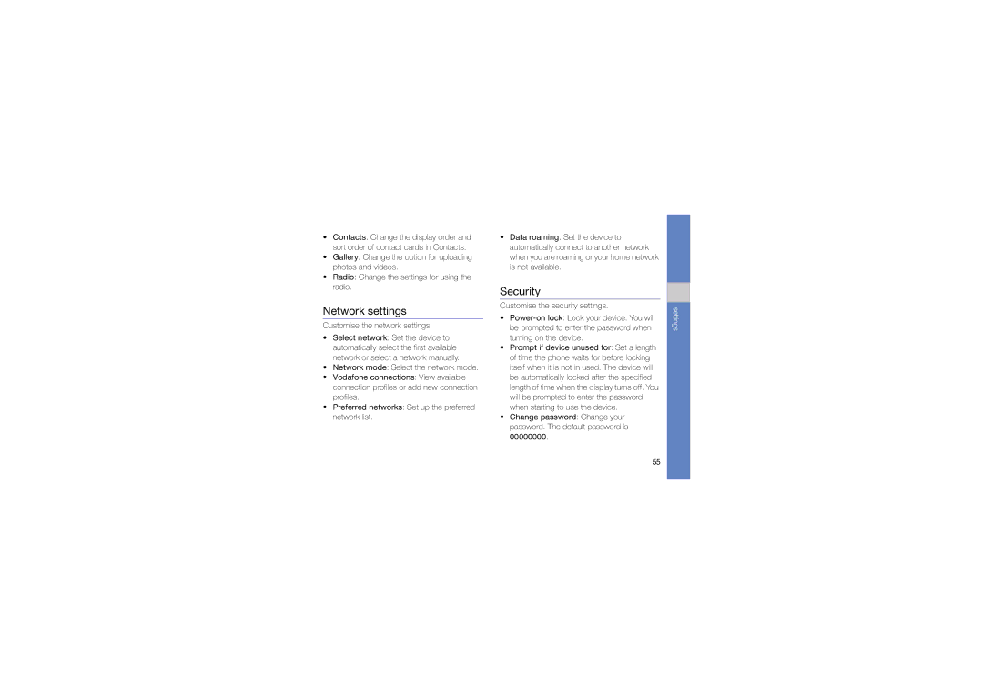 Samsung M1 user manual Network settings, Security, Customise the network settings 