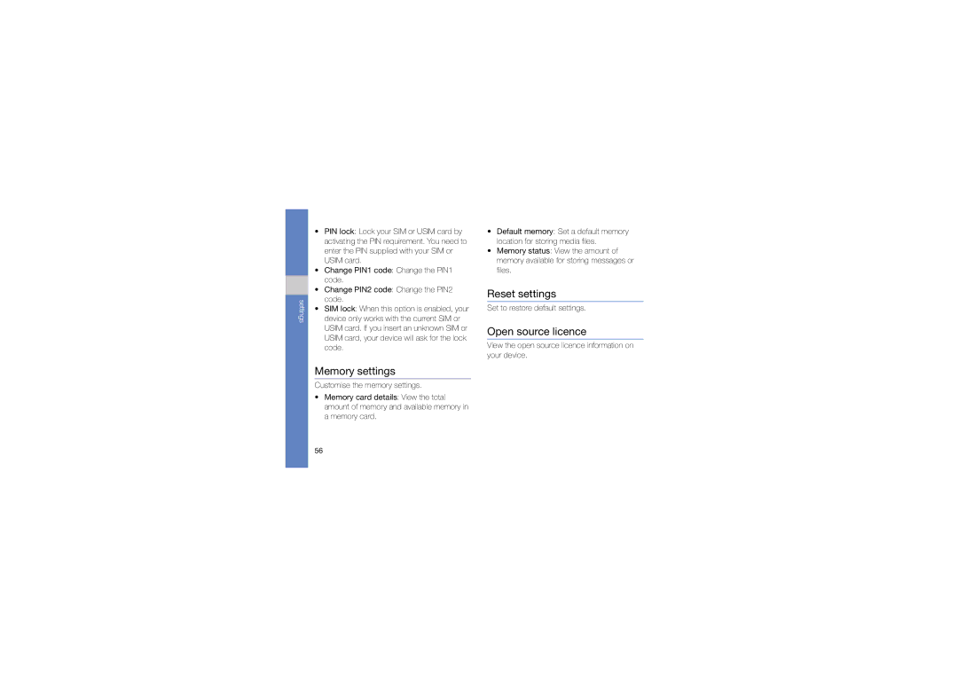 Samsung M1 user manual Memory settings, Reset settings, Open source licence, Set to restore default settings 