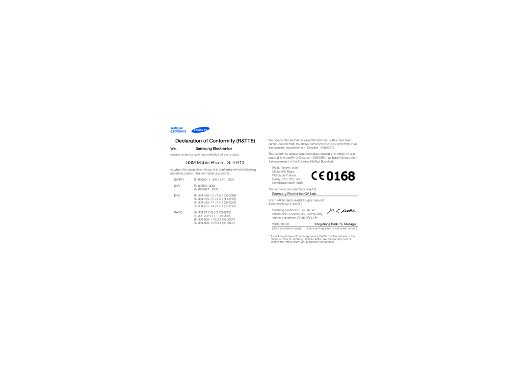 Samsung M1 user manual Declaration of Conformity R&TTE, GSM Mobile Phone GT-I6410 