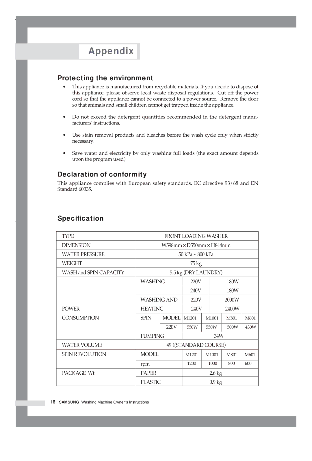 Samsung M1001GW1/YLW, M1001GW/XEG manual Appendix, Protecting the environment, Declaration of conformity, Specification 