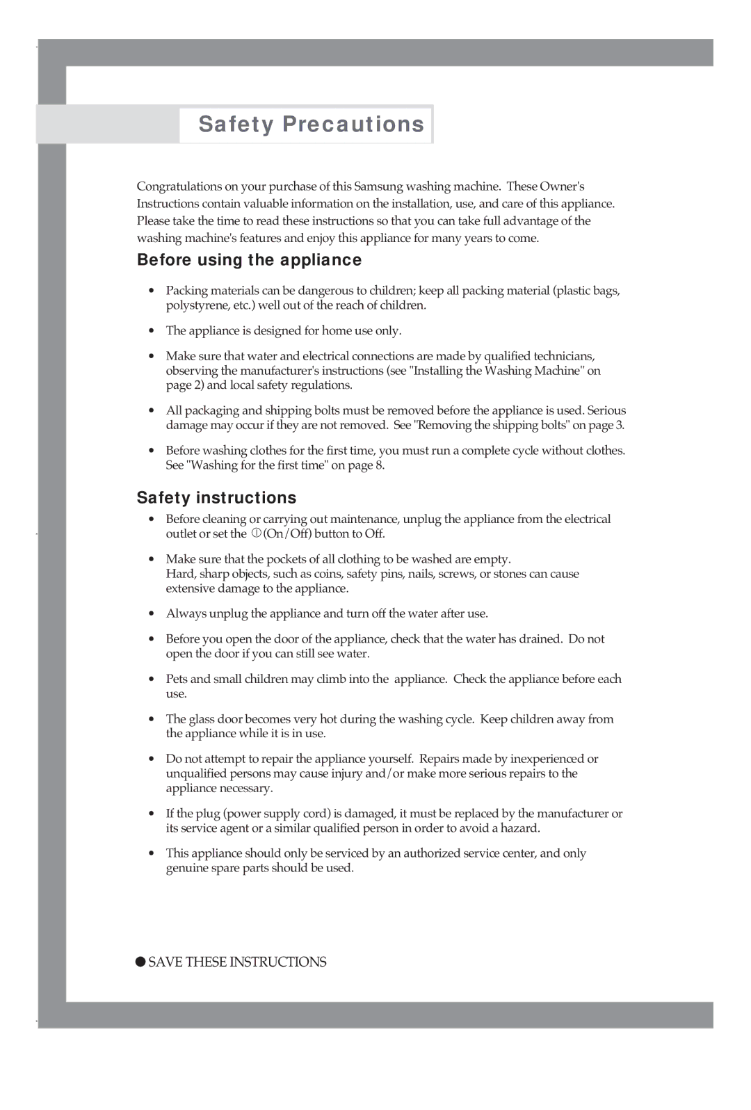 Samsung M1001GWE/YLR, M1001GW/XEG, M1201GW/XEG manual Safety Precautions, Before using the appliance, Safety instructions 