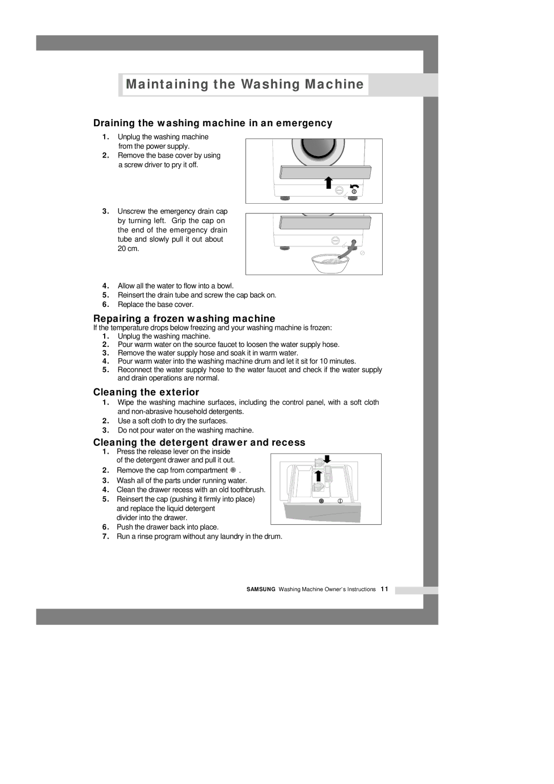 Samsung M1201GW/YLP Maintaining the Washing Machine, Draining the washing machine in an emergency, Cleaning the exterior 