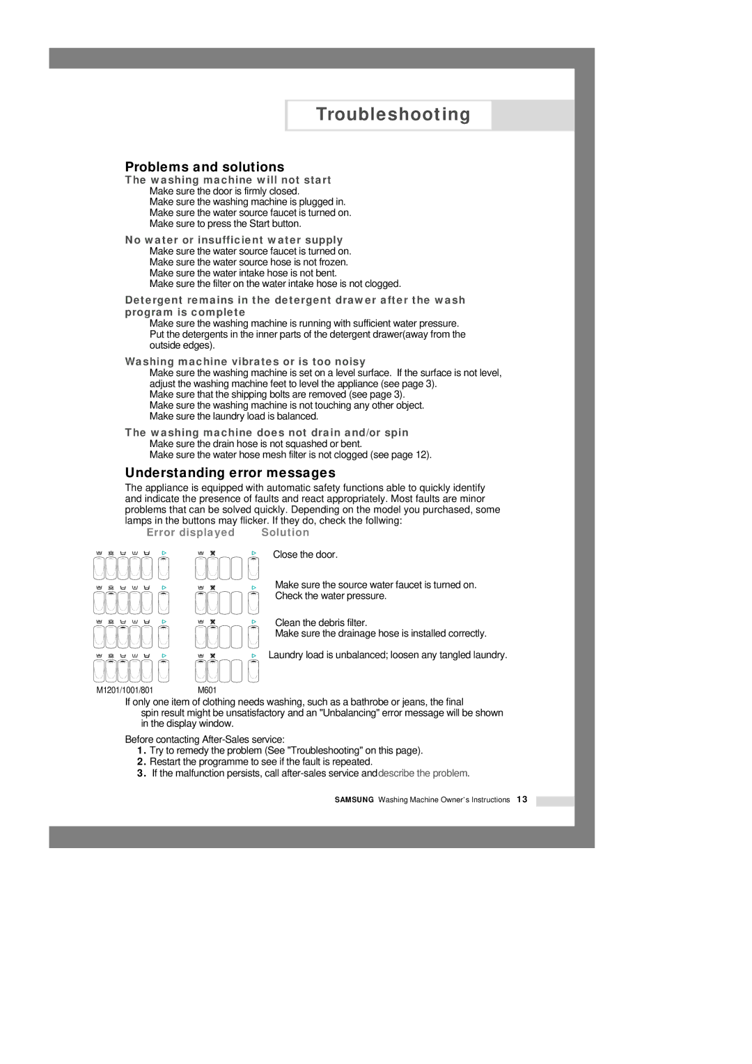 Samsung M801GW1/YLW, M1001GW/XEG, M1201GW/XEG manual Troubleshooting, Problems and solutions, Understanding error messages 